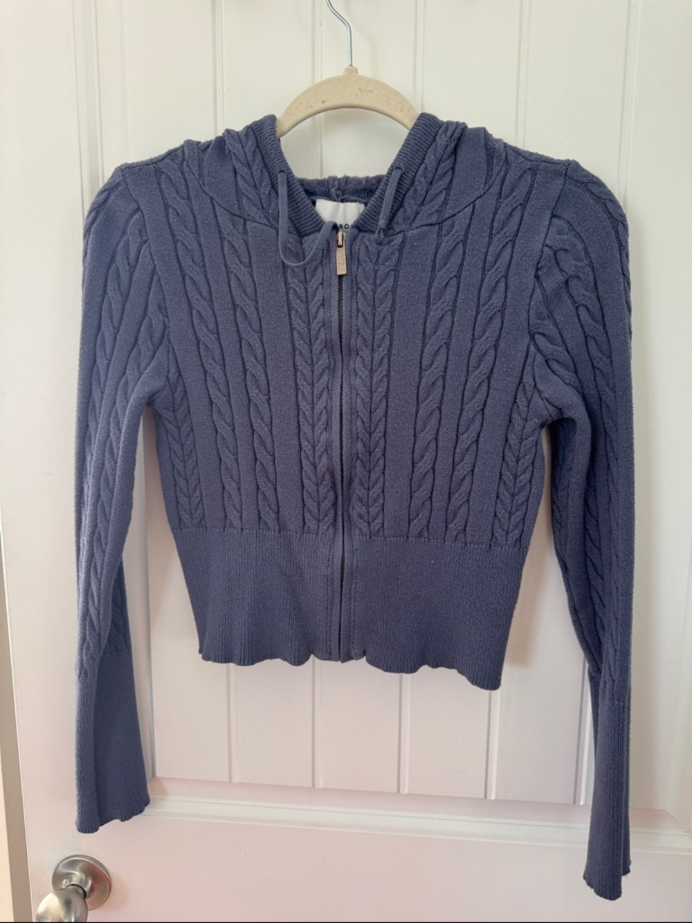Pink Rose Cable-Knit Zip Hoodie Sweater - Blue